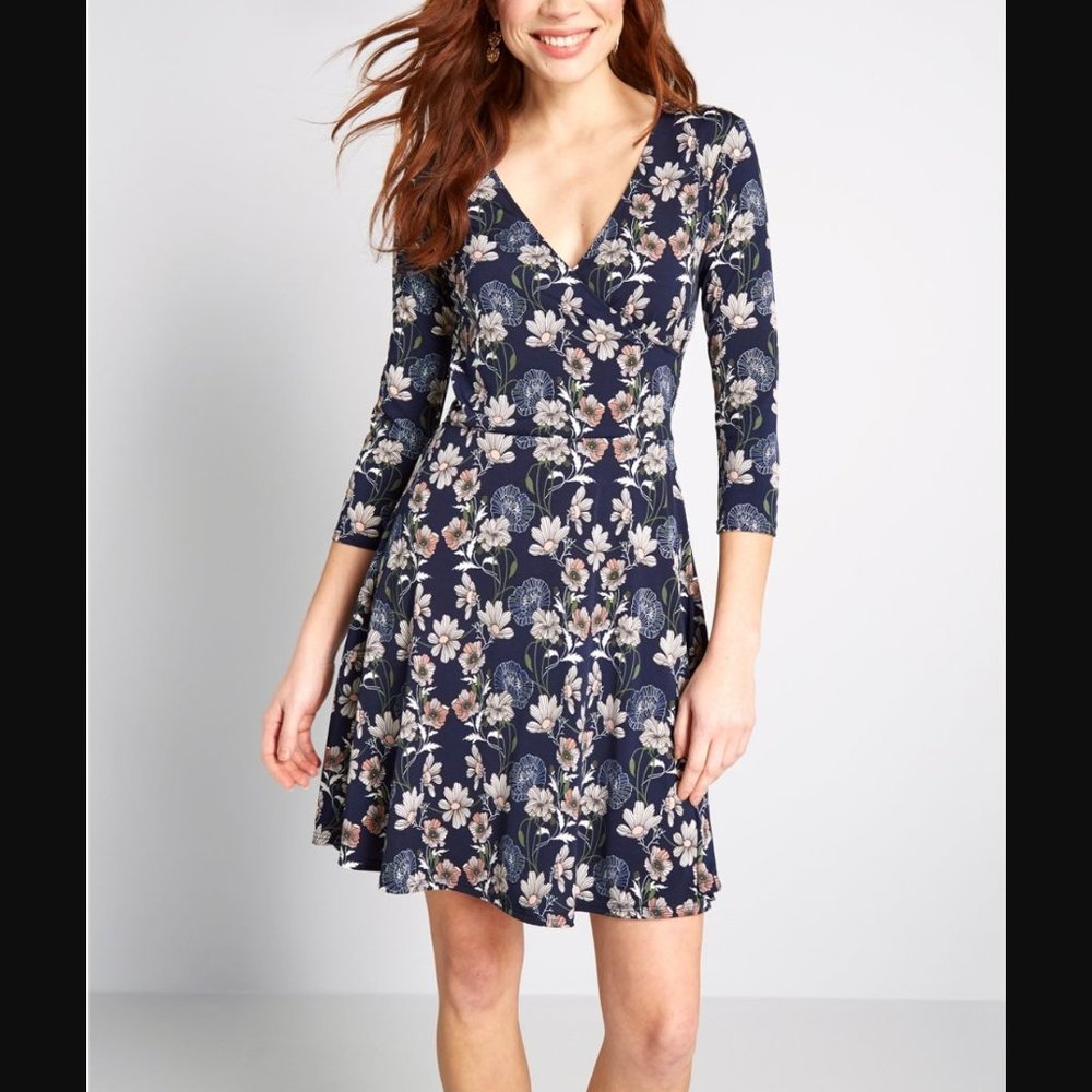 ModCloth Blue Floral All is Full of Lovely Floral Flower Skater Dress Women XS